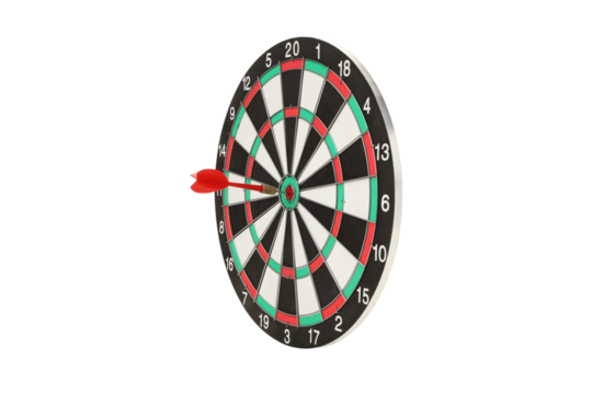Red dart in 20 segment of dartboard, isolated on white, PNG