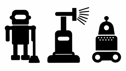 Three different cleaning robots in black silhouette standing side by side on a white background design