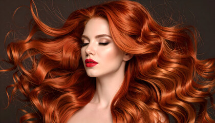 Redhead woman with flowing hair, and beauty.