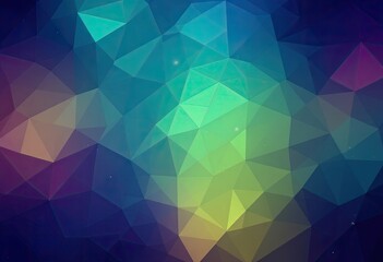 Obraz premium Abstract polygonal artwork featuring a vibrant blend of teal, purple, and lime green hues, creating a nebula-like effect with subtle speckles of light on a dark background. 