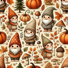 Seamless pattern with cartoon gnomes, pumpkins, mushrooms, autumn leaves, berries and acorns on beige background.