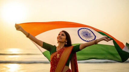 Smiling woman proudly holds Indian flag at beach. Suitable for patriotic and travel themed designs, advertisements, and social media posts.