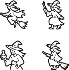 Fototapeta premium Set of Witch Outline vector illustration isolated On Transparent Background