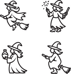 Fototapeta premium Set of Witch Outline vector illustration isolated On Transparent Background