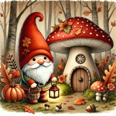 Cartoon gnome with lantern and basket standing near mushroom house with wooden door in autumn forest. Autumn season and fairy tale concept.