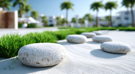 White pebbles on sandy path in sunny garden with palm trees create serene atmosphere
