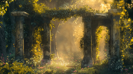 Enchanted Forest Ruins: Sunlit Stone Archway, Lush Vines, Spring Flowers, Mystical Golden Hour