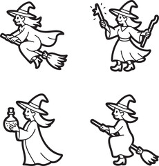Fototapeta premium Set of Witch Outline vector illustration isolated On Transparent Background