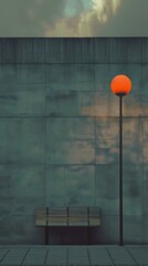 Urban Tranquility: An atmospheric shot of a minimalist urban scene, featuring a solitary bench beneath a glowing streetlight against a weathered wall, with a moody sky.