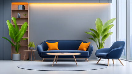 Modern interior design of apartment. Cozy living room with blue sofa, coffee tables, bookshelf and armchairs