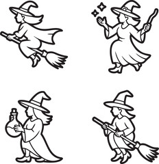 Naklejka premium Set of Witch Outline vector illustration isolated On Transparent Background