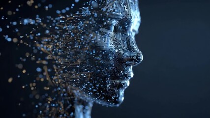 Digital Human: This conceptual artwork showcases a profile view of a humanoid figure formed from intricate digital elements, blending technology and humanity. - Powered by Adobe