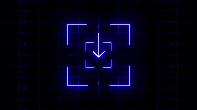 Neon download arrow icon in blue target frame on grid