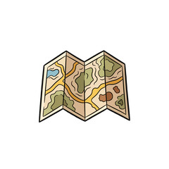 Folded topographical map illustration, showing roads, terrain, and water features.