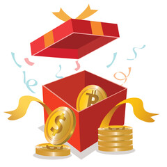  open gift box with golden coins and ribbon. Money prize reward. Earn point and get rewards.
