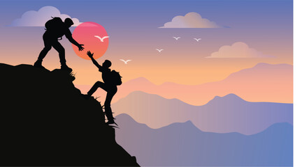 Adventure in the mountains. Assist a friend when climbing to the top. Hand of support. Friendship. Silhouette traveling people. Climbing on mountain. Vector illustration hiking and climbing team.