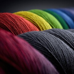 Vibrant spools of yarn in a rainbow spectrum, arranged in overlapping rows, showcasing texture and color depth against a dark background