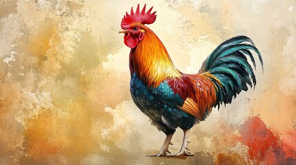 Fototapeta premium Vibrant rooster on textured background.