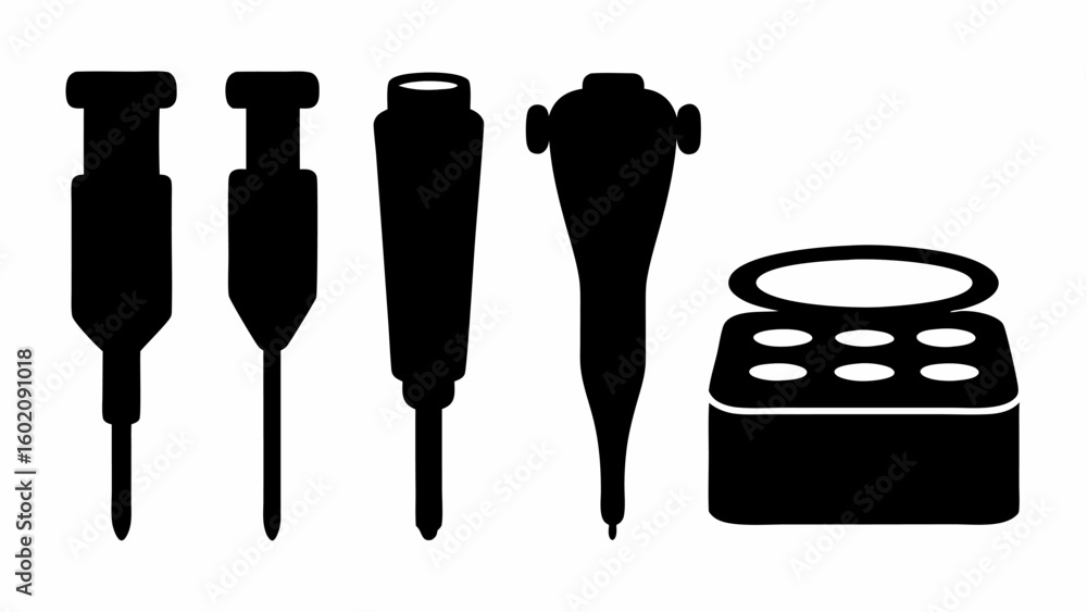 Poster illustration of various black medical instruments and a container on a white background display view