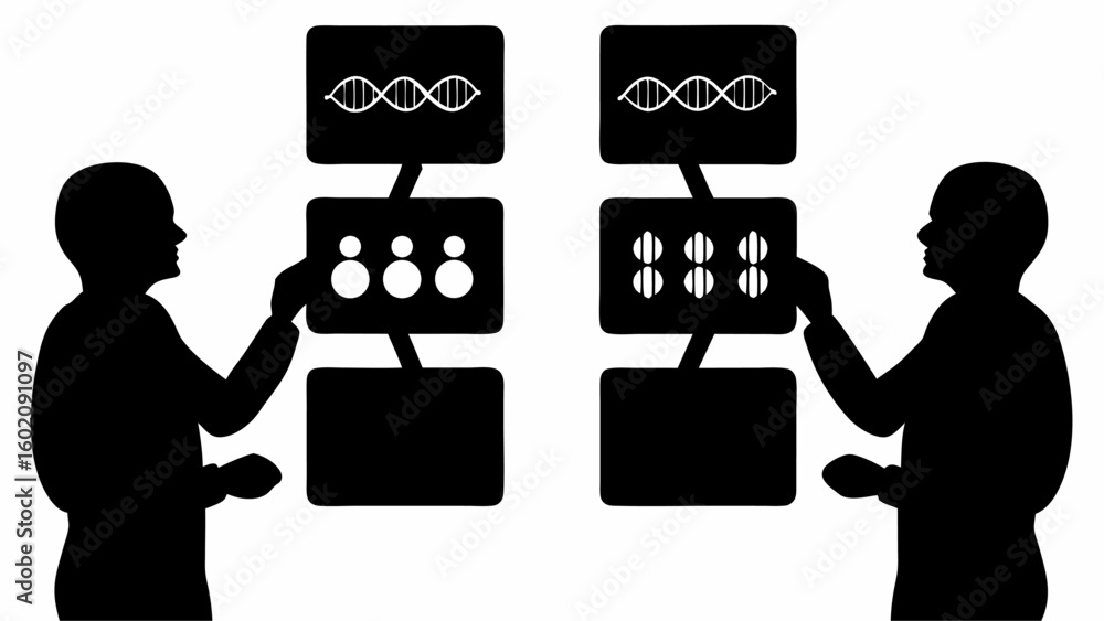 Poster two silhouetted figures interacting with dna and data displays in a comparative analysis setting sho