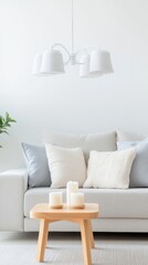 Serene Minimalist Living Room with Neutral Tones: Modern Interior Design Featuring a Cozy Sofa, Soft Pillows, and Elegant Chandelier Lighting.