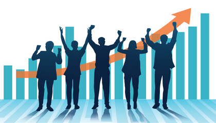 Diverse business team members standing together over glowing graphs hologram in the foreground. Business success concept. vector, illustration