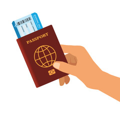 Female tourist holding passport and arrival card on white background