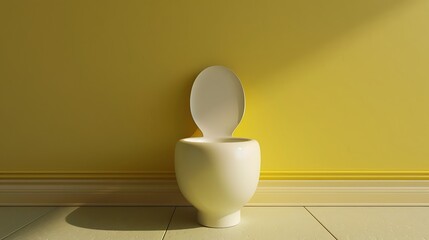Contemporary Toilet Fixture: A modern ceramic toilet fixture stands against a yellow wall, casting a subtle shadow across the textured surface, epitomizing minimalist design and functional elegance.