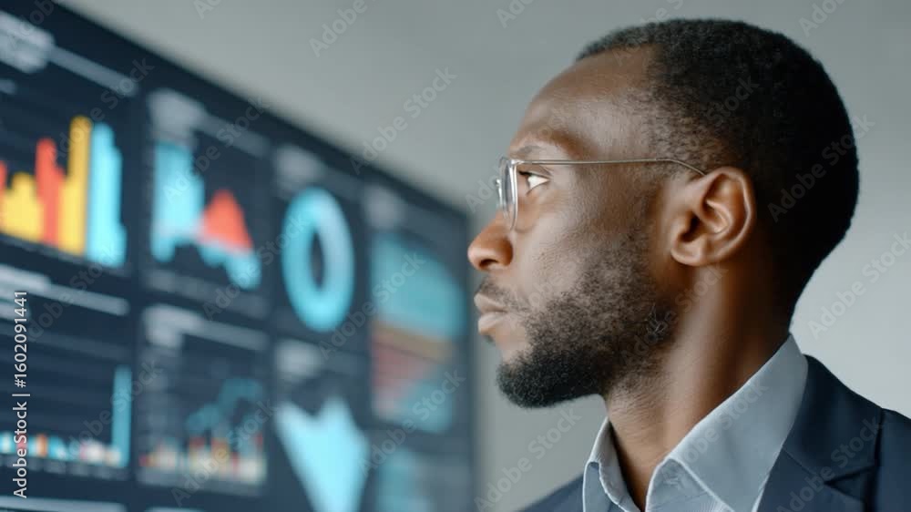 Poster Focused Data Analyst: A focused analyst, immersed in his work, intently examines a large screen displaying intricate data visualizations, charts, and graphs. Evoking a sense of intellect and analysis.