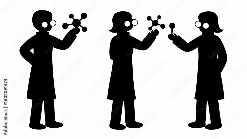 Poster three scientists in silhouette holding molecule models while wearing glasses and lab coats in a row