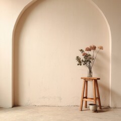 A rustic wooden stool holds dried flowers in a clear glass vase against a pale arched wall.  A small ceramic pot sits below