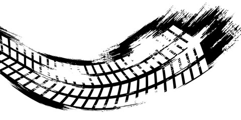 Tire tread marks, wheel textures, tire marks - car racing, motocross, drift, rally, off-road and others. Vector black isolated texture in grunge style with splashes.eps10