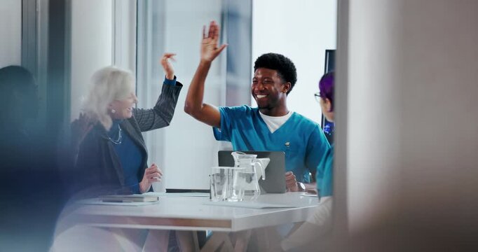 High five, doctors and success with people in office for team, dna editing or genetic disease cure. Healthcare achievement, applause and gene splice technology with nurses in hospital for news