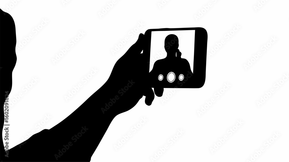Poster Silhouette of person holding smartphone taking selfie with visible camera and screen displaying image