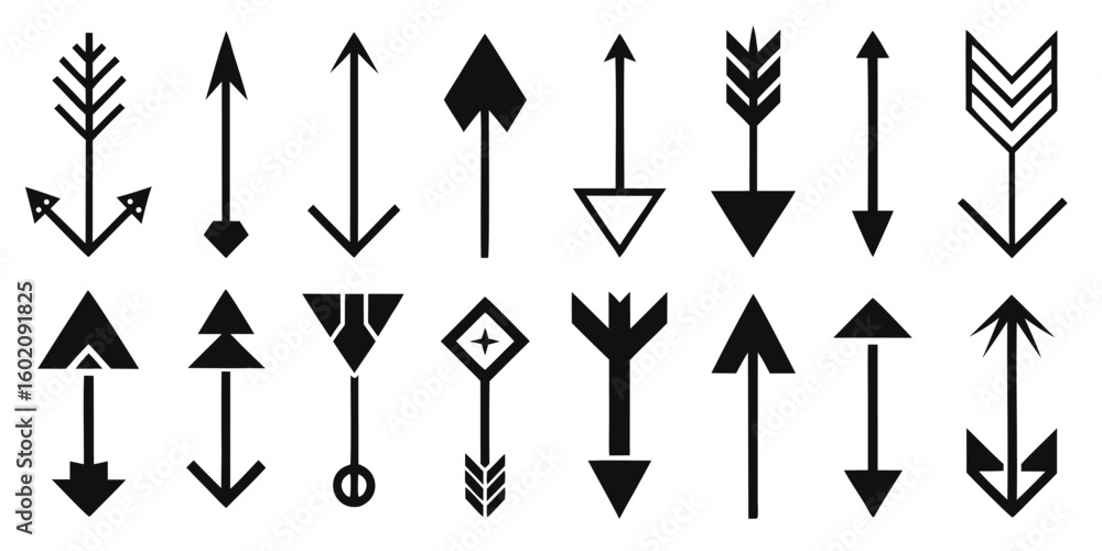 Poster vector clipart featuring multiple arrows in different styles and colors, arranged on a plain backgro