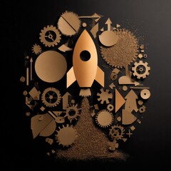 A gold rocket ship launches from a circular cluster of bronze gears, geometric shapes, and dust, against a dark background