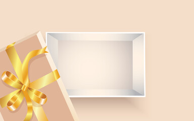Blank open gift box template. Christmas design, decorative objects, realistic sales banners, surprise posters, flyers and brochures. Holiday mocking. Celebrate birthday, anniversary, vector
