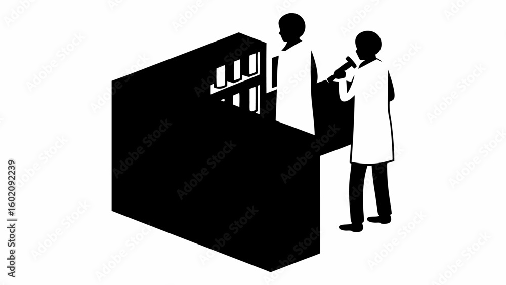 Poster two people in lab coats standing at a counter with bottles in the background in black and white styl