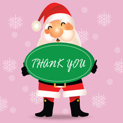 Smiling santa claus gesture thank you in flat design on Christmas snow background. vector, illustration