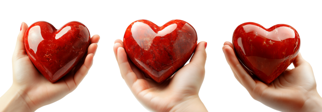 Set of hand holding glossy red heart isolated on white transparent background. Symbol of love and Valentine's Day treats