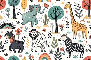 Gardinen Tiere Muster  Colorful pattern of animals including giraffes, zebras, and elephants  © ARTSPRIO