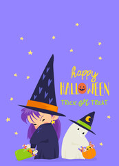 Cute Little Witch standing With Ghost and a holding Halloween Treats