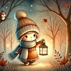 Cartoon girl in warm winter clothes holding lantern in snowy forest at night surrounded by bare trees, falling snow and fox on tree branch.