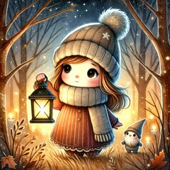 Cartoon girl in winter hat and scarf holding lantern walking in snowy forest with small gnome and candle lights among bare trees.