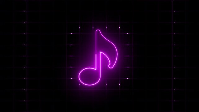 Neon pink eighth note on a dark grid background music