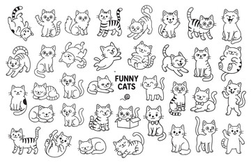 Cute cat in different poses symbols, doodle vector illustration