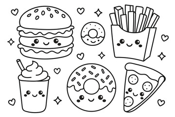 Cute fast food symbols, doodle vector illustration