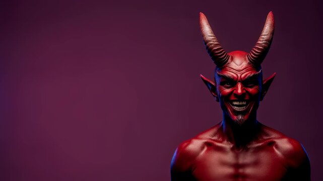 Man as a devil creature with horns and a smiling scary face transforms into a zombie man in a torn shirt and bloody wounds, Halloween animation. - Powered by Adobe
