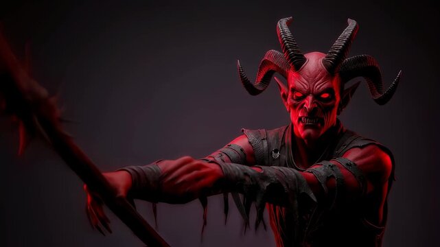Red demon with glowing eyes holding spiked staff transitions to old witch stirring glowing green potion in black cauldron, Halloween video footage.