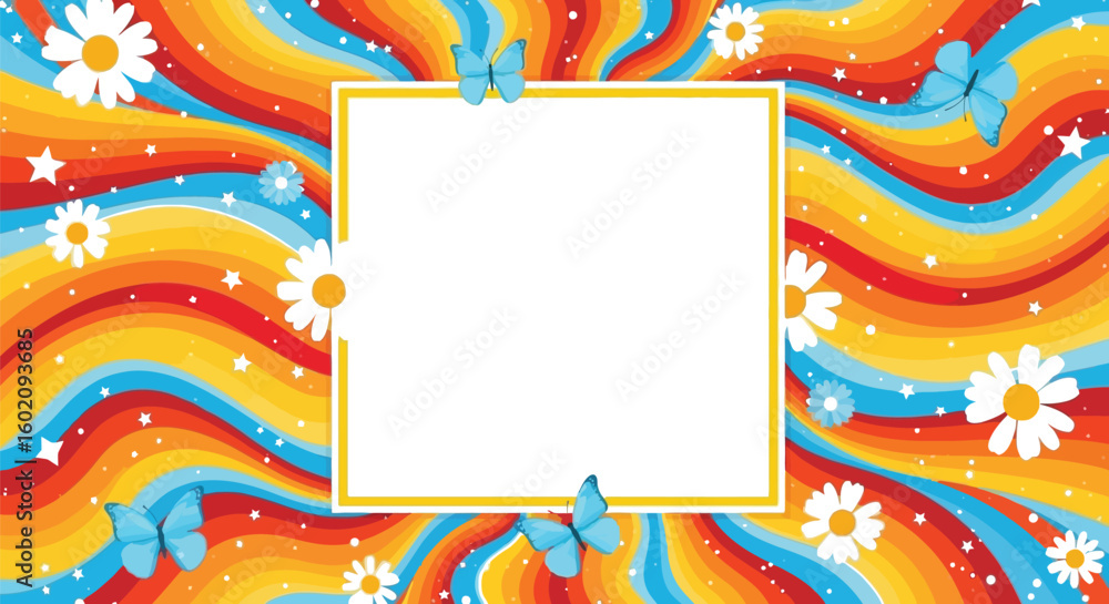 Aufkleber retro groovy background with daisies butterflies and stars frame for text or image overlay design